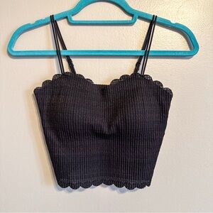 Black Ribbed Crop Cami Lace Trim Double Strap Bralette Tank